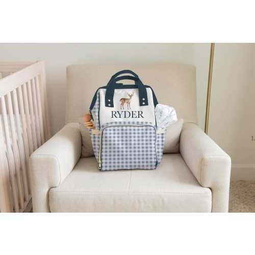 Custom Name Baby Diaper Bag Backpack Blue Gingham Baby Boy Gift For Baby Shower Theme Deer Hunter Baby Backpack Diaper Bag Personalized Name