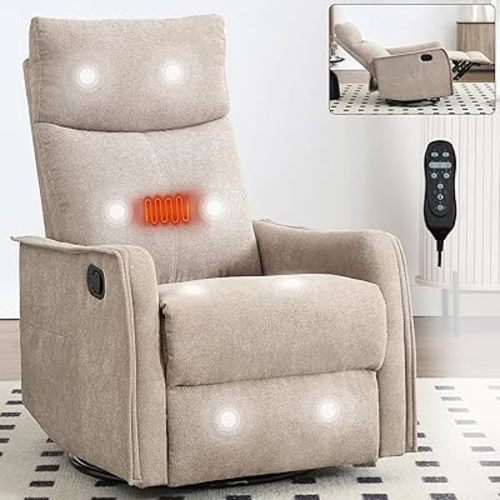 Massage Chair Recliner with Heat, Swivel Rocking Chair Recliner with High Back, Manual Lazy Boy Recliners for Adults,Small Recliner Chair for Small Spaces, Living Room Bedroom, Fabric (Khaki)