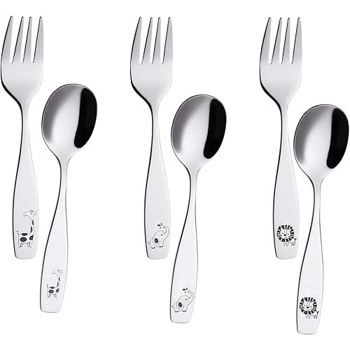 ANNOVA Kids Silverware 6 Pieces Children's Safe Flatware Set Stainless Steel - 3 x Children Forks, 3 x Dinner Spoon, Toddler Utensils, for Lunchbox (Safari Animals Etched Elephant, Giraffe, Lion)