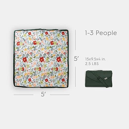 Little Unicorn Outdoor Family Picnic & Beach Blanket, Water-Resistant, Compact Fold, 5 x 5 feet, (Midnight Poppy)