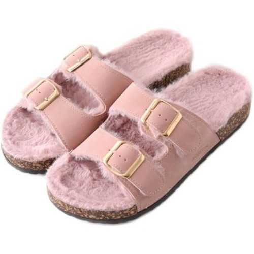 Roxoni Women's Feather-Embellished Open-Toe Slippers , Adjustable Double Buckle Cozy Cork Slide Sandals - Pink Size 11
