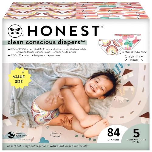 The Honest Company Clean Conscious Diapers for Sensitive Skin | Hypoallergenic, Fragrance Free | Girl Prints | Super Club Box, Size 5 (27+ lbs), 84 Count (Prints May Temporarily Vary)