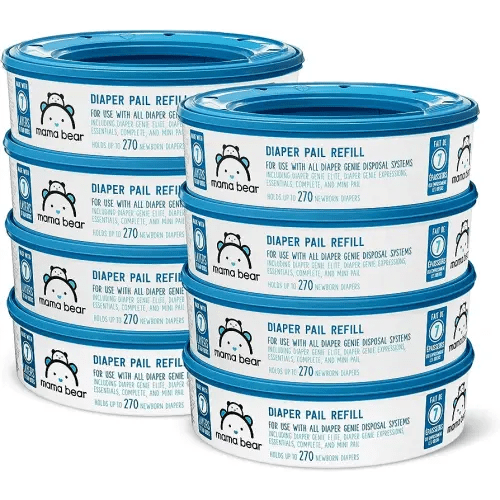 Amazon Brand - Mama Bear Diaper Pail Refills for Genie Pails, Unscented, 2160 Count (8 Packs of 270)