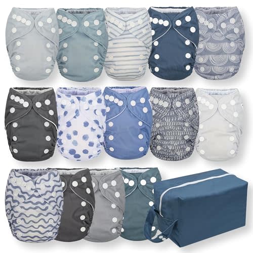 Nora's Nursery Newborn All-in-One Cloth Diaper 14-Pack with Diaper Pod for Clean Diaper Storage - Waterproof, Washable, Reusable, and Adjustable for Babies Under 12lbs - Making Waves