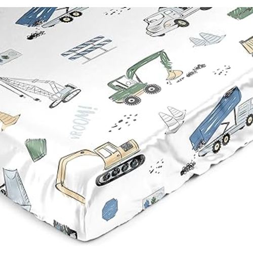 Sweet Jojo Designs Green Blue Construction Truck Boy Baby Satin Fitted Crib Sheet Infant Newborn Nursery Toddler Bed Room Standard Mattress Transportation Zone Vehicles Bulldozer Tractor Black White