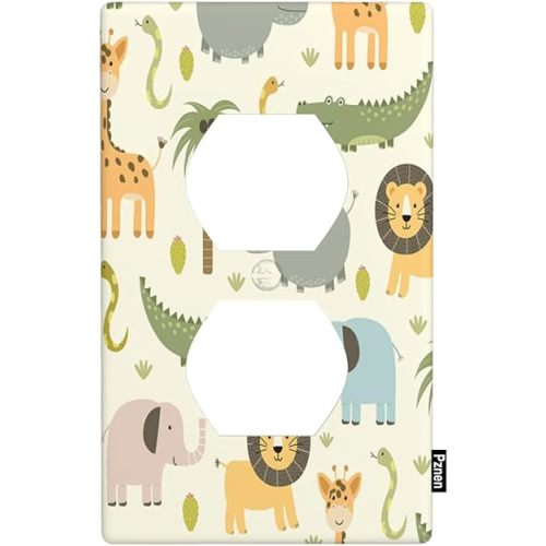 Cartoon Animal Outlet Covers Cute Hippo Crocodile Lion Elephant And Giraffe Funny Wildlife 1-Gang Wall Plate Duplex Standard Receptacle Plug Cover for Boys Girls Room