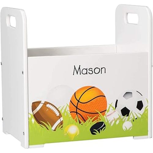 Fox Valley Traders Personalized Kids Wooden Book Caddy, Customized Children’s Book Storage Bin, Sports Themed Design
