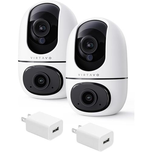 virtavo XD1 Indoor Pet & Baby Camera, No Subscription Required, Dual-Lens 360° PTZ, Motion Tracking, 2-Way Audio, Night Vision, Cloud/SD Storage, Phone App, WiFi, 2-Pack, Power Adapter Included