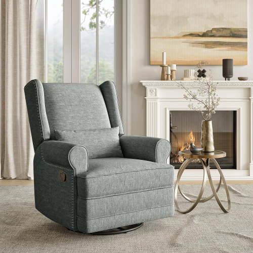 RoyalCraft Swivel Recliner Chair, Comfy Glider Rocking Chairs with Lumbar Pillow and Footrest, Upholstered Swivel Rocking Chair for Bedroom,Nursery, Dark Grey
