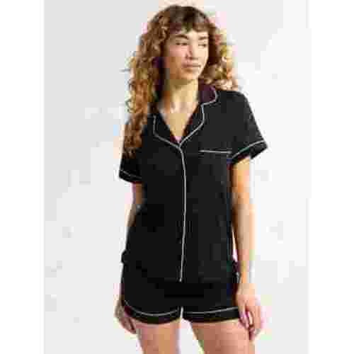 Joyspun Women’s Dreamy Soft Collection Short Sleeve Knit Notch Collar Top and Shorts Pajama Set, 2-Piece, Sizes XS-3X