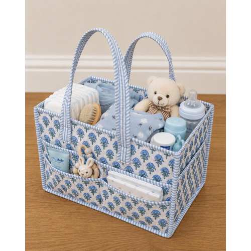 Blue Floral Quilted Cotton Nappy Caddy, Baby Diaper Organizer Basket, Nursery Storage Bin