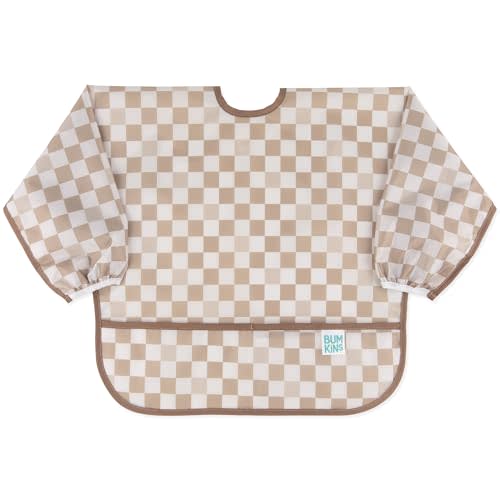 Bumkins Sleeved Bib for Girl or Boy, Baby and Toddler for 6-24 Mos, Essential Must Have for Eating, Feeding, Baby Led Weaning Supplies, Long Sleeve Mess Saving Food Catcher, Soft Fabric, Sand Check