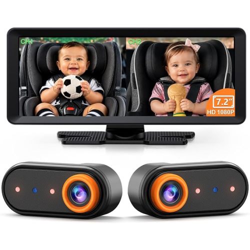 Luckview BM5PRO Dual Camera Baby Car Monitor, 7.2 Inch 1080P Split Screen, Automatic Infrared Night Vision, 360 Degree Headrest Mount, for Two Kids and Family Road Trips