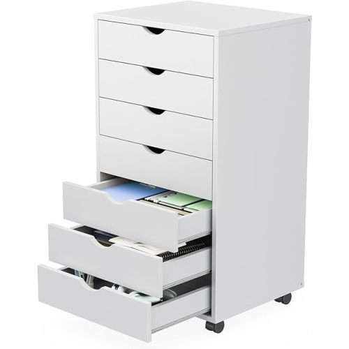 Sweetcrispy 7 Drawer Chest Mobile Storage Cabinets Wooden Dresser with Wheels Room Organization Furniture for Office, Pure White