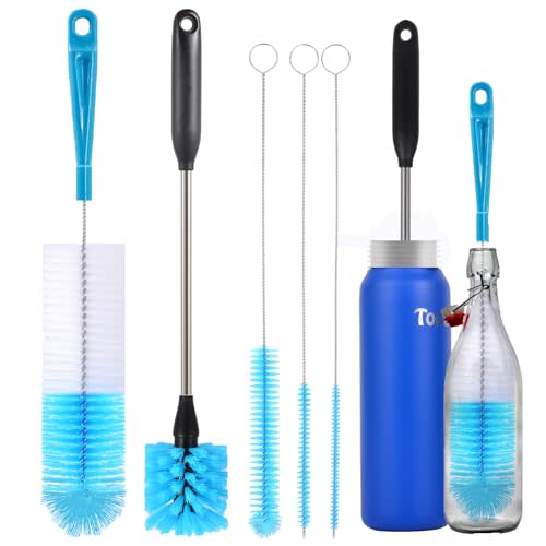 5 Pack Bottle Cleaning Brush Set with Straw Brushes – 15 inch Long Handle Water Bottle Brush & 3 traw leaner Rush – for Narrow Bottles, Baby Bottles, Mugs, Flasks, Wine Decanters, Coffee Cups – Blue