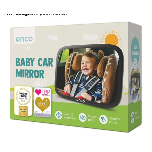 Onco Baby Car Mirror Rear Facing - Double Award-Winning Convex Car Mirror for Baby, 100% Shatterproof & Shakeproof with 360° Rotation, Newborn Essentials (9.6 x 6.9 in)