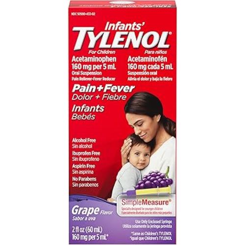 Infants' Tylenol Liquid Pain Relief & Fever Medicine, Oral Suspension, Acetaminophen for Sore Throat, Headache & Teething, Pain Reliever & Fever Reducer for Kids; Grape Flavor, 2 fl. oz.; Pack of 1