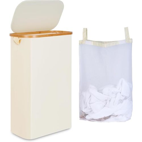 60L Slim Laundry Hamper, Narrow Laundry Basket with Lid,Foldable Clothes Hamper with Bamboo Handles,Tall Thin Dirty Laundry Hamper Basket with Removable Inner Bag for Clothes Towel-Beige