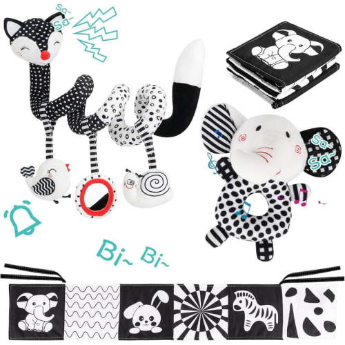 BTEPSGA 3 Pcs Car Seat Toys for Babies 0-6 Months,Black and White Baby Hanging Rattle Toys for Crib Mobile,High Contrast Baby Toys for Newborn Toys,Infant Sensory Toy Best Gift for 0-6 6-12months