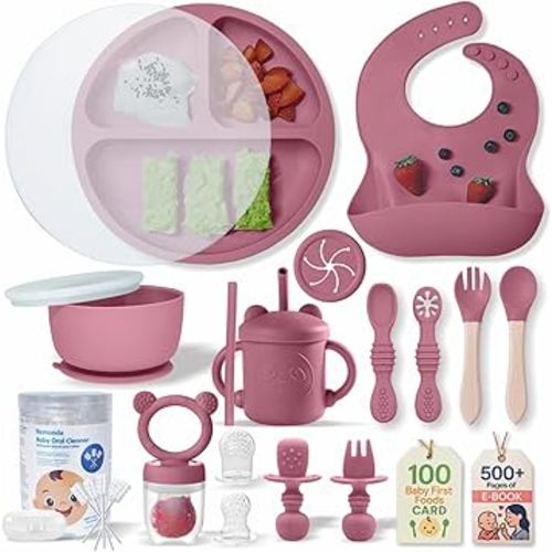 Remonda 23-Piece BPA-Free Silicone Baby Feeding Set | Extra Large Suction Plates, Toddler Bowls, Self Feeding Spoons, and More | Dishwasher Safe| Baby Led Weaning Supplies (Red) B1