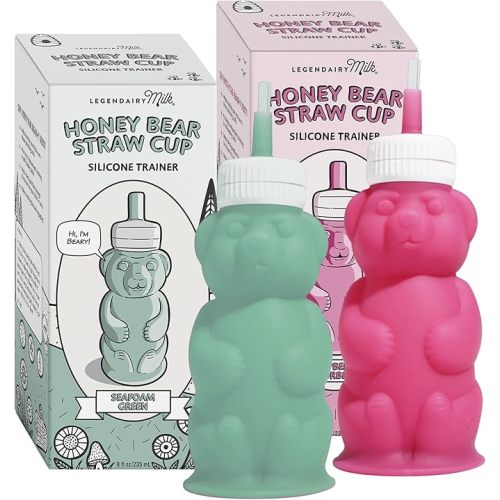 Legendairy Milk Honey Bear Straw Cup Silicone for Babies (Green/Raspberry), 8 oz. Dishwasher Safe Baby Straw Cup, Food Grade Silicone, Honeybear Sippy Cup for Ages 4+ Months (Pack of 2)