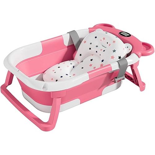TPN Collapsible Baby Bathtub for Infants to Toddler with Real-time Temp Monitor+Floating Cushion,Foldable Baby Bath Tub Set Applicable 0-36 Month,Perfect Portable Travel Baby Tub for Newborns Girl