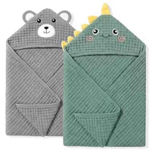 4 PCS Muslin Baby Bath Towels Set, 100% Cotton 2 PCS Animal Hooded Baby Towels 32x32 Inch & 2 PCS Washcloths, Ultra Absorbent & Soft Infant Newborn Essentials Gifts for Boys & Girls, Dinosaur & Bear