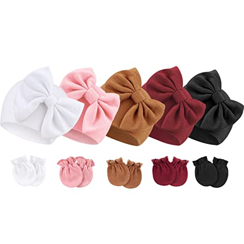 BQUBO Newborn Baby Girls Hats Mittens Set Hospital Hat Beanie Infant Bow Hats Baby Cotton Gloves for 0-6 Months