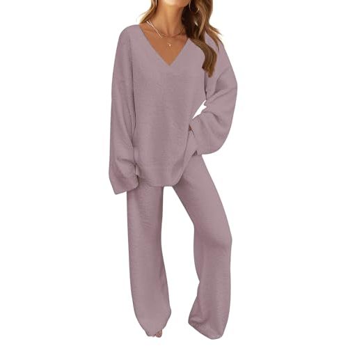 MEROKEETY Women's 2 Piece Outfits Fuzzy Fleece Pajama Set Long Sleeve Top Wide Leg Pants Loungewear
