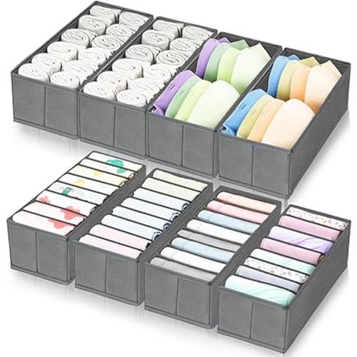 homyfort 8 Pack Dresser Drawer Organizers and Storage Bins for Clothing, Large Drawer Organizer Bins for Baby Clothes, T-Shirts, Bra, Underwear, Socks (Grey)