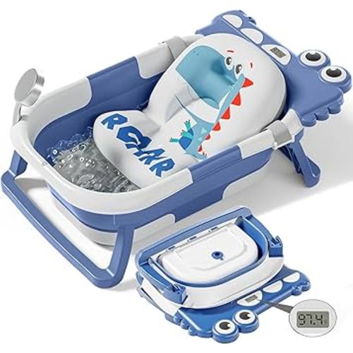 TPN Collapsible Baby Bathtub, Baby Bath Tub with Soft Cushion & Real-Time Thermometer, Baby Bathtub Infant to Toddler Tub (0-36 Months), Portable Travel Baby Tubs for Newborns (Blue)