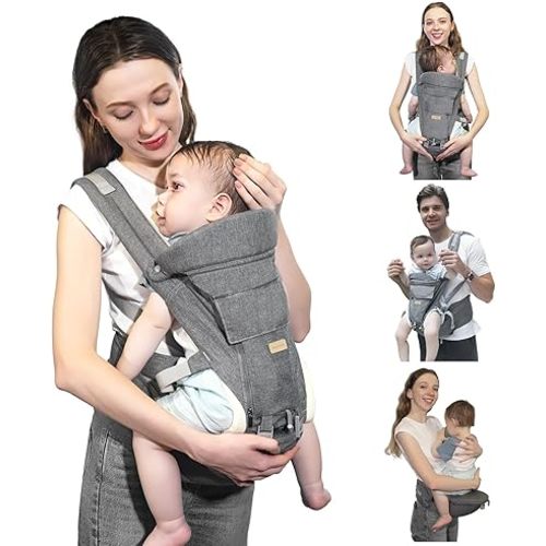 Baby Carrier with Hip Seat, 6-in-1 Baby Carrier Newborn to Toddler, Head Support and Breathable Mesh, Adjustable Removable Soft Ergonomic Baby Sling Carrier (7-41 lbs) for Everyday Family Events, Grey