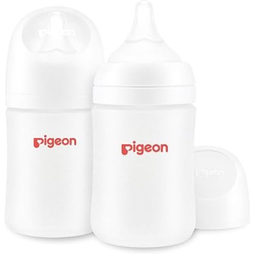 Pigeon Silicone Coating (Glass Inside/Silicone Outside) Baby Bottle, Wide Neck, Streamlined Body, Natural Feel, Easy to Clean, Heat-Resistant, 5 Oz (Pack of 2), Includes 2 pcs SS Nipples (0m+)