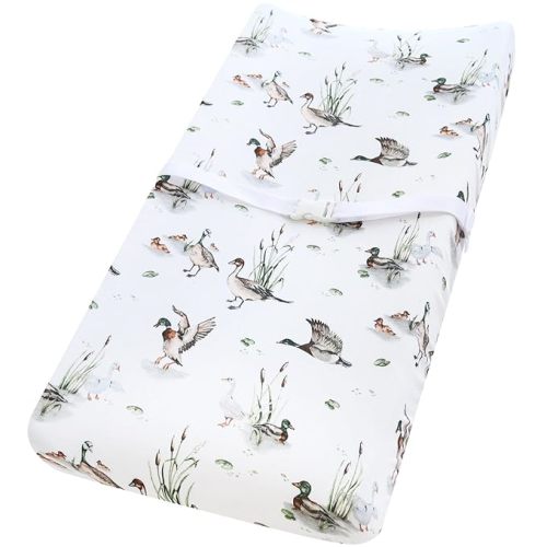 LifeTree Muslin Changing Pad Cover for Baby Girls Boys, 70% Viscose from Bamboo and 30% Cotton Natural Comfort Diaper Change Table Pad Covers, Soft Boho Changing Pad Sheets, MallardDuck, 16"x32" - MallardDuck print