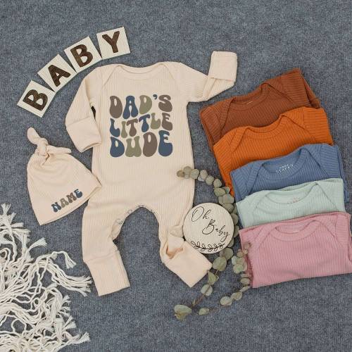 Dad's Little Dude set baby bodysuit and hat, Retro Jumpsuit, New baby gift, Going home outfit, Baby keepsake, baby is coming, Father's Day