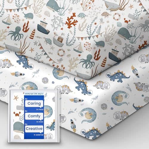 TotBasic Pack and Play Sheets Fitted, Ultra Soft Mini Crib Sheets Boy, Neutral Pack N Play Mattress Sheets Hypoallergenic and Soothing, Premium Jersey Playrad Sheets, Dino Sea Animals, 2 Pack