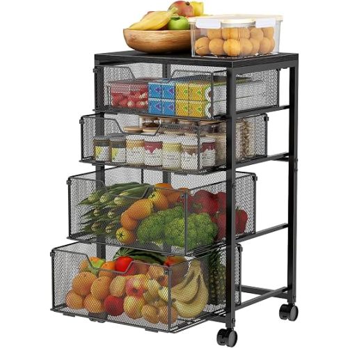 Kitchen Rolling Cart with 4 Storage Drawers, 4-Tier Fruit Vegetable Storage Cart on Wheels with Wooden Top, Kitchen Rolling Storage Rack to Storage Cans Snacks and Potato for Kitchen(Patent Pending)