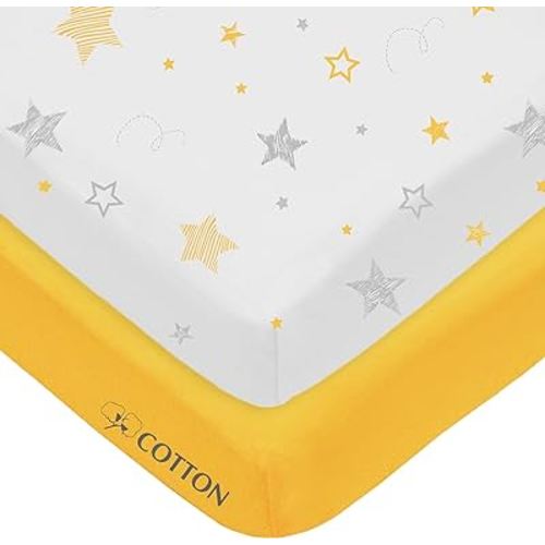 American Baby Company 2 Pack Fitted Crib Sheets 28" x 52", Soft Breathable Neutral 100% Cotton Jersey Sheet, Golden Yellow Star/Yellow, for Boys and Girls, Fits Crib and Toddler Bed mattresses