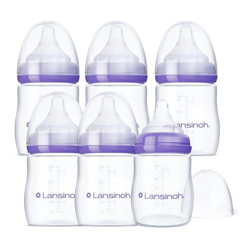 Lansinoh Anti-Colic Baby Bottles for Breastfeeding Babies, 5 Ounces, 3 Count, Includes 3 Slow Flow Nipples, Size S (Pack of 2)