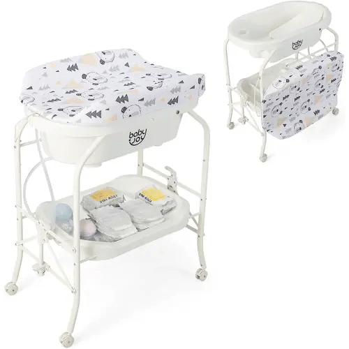 BABY JOY Baby Bathtub with Changing Table, Foldable Infant Diaper Changing Station with Storage Tray, Waterproof Pad, Portable Newborn Nursery Organizer Bath Stand with 4 Universal Wheels (White)