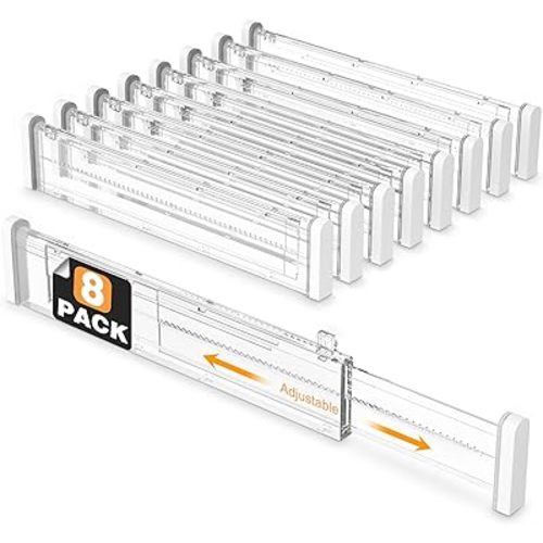 HiYZ Expandable Drawer Dividers - 12.6-22.8'' Adjustable Drawers Organizers for Kitchen Utensils, Drawer Separators in Bedroom, Dresser, Office, Bathroom, Fridge, 8 Pack Long Dividers-Clear