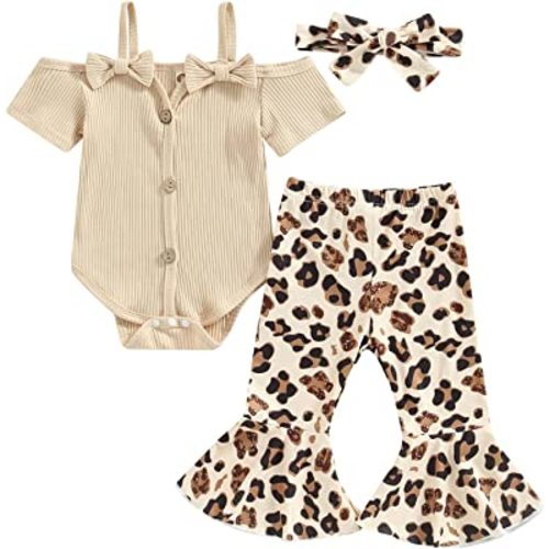 Fernvia Infant Baby Girl Clothes Suspenders Short Sleeve Ribbed Romper Flared Pants Set Headband 3pcs Summer Outfit