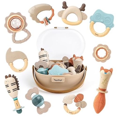 Baby Rattles & Teethers Set – Baby Toys 0-6 Months, Teething Toys 3-6 Months, Sensory Toys with Soft Textures, Gentle Sounds & Easy-Grip Shape, Neutral Newborn Gift(10-Pack)