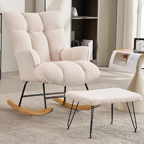 Rocking Chair Nursery(2pcs Set), Upholstered Teddy Glider Rocker for Nursery, Modern Rocking Reading Chair,White Glider Chair with Ottoman for Bedroom, Nursing, Living Room(White)
