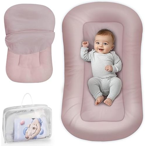 Baby Lounger - Baby Lounger Pillow for Newborn, 0-24 Months, Infant Lounger for Home and Travel, Soft Cotton, Co Sleeping Baby Nest, Newborn Babies Essentials Gifts, Pink (Lounger Cover Included)