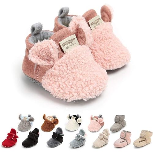 Ohwawadi Infant Baby Boys Girls Slippers Cozy Fleece Booties Soft Bottom Warm Cartoon Socks Newborn Crib Shoes - 0-6 Months Infant - A-pink