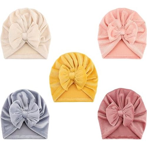 DRESHOW BQUBO 5 Pieces Newborn Baby Turban Hats Bow Baby Infant Beanie Breathable Toddler Cap for Baby Girls