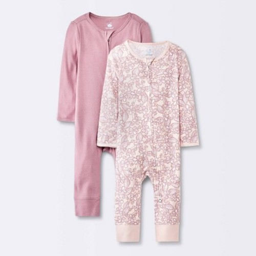 Baby Girls' 2pk Floral Cotton Zip Romper - Cloud Island™ Pink, Size: Newborn