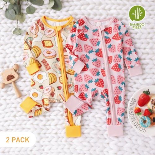 PatPat Bamboo Baby Pajamas Baby Girl Gifts Snug Fit Zipper Long-Sleeved Baby Onesies Sleepwear,2Pack,0-24 Months