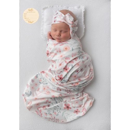 Newborn Floral Print Blanket Baby Stretch Wrap Swaddle Receiving Blanket with Matching Headband and Beanie (Orange and Pink)
